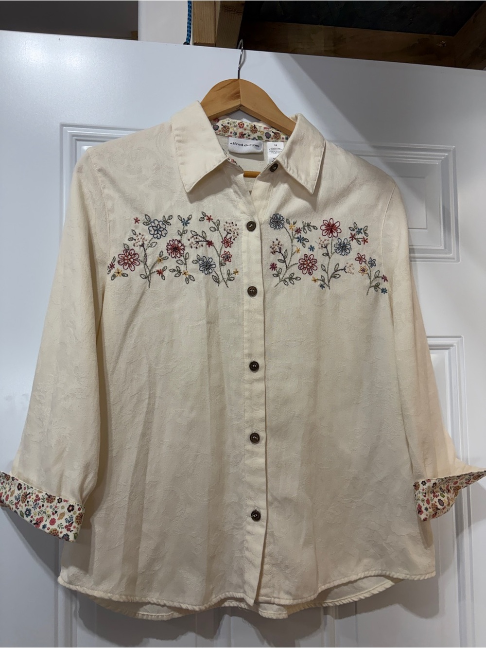 Alfred Dunner Cream beaded Embroidered Button-Down Shirt